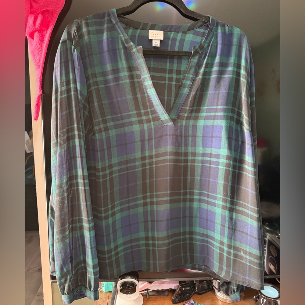 a new day Blue and Green Plaid V-Neck Blouse